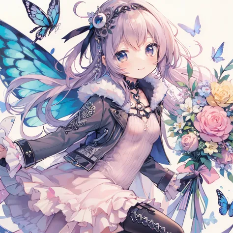 smile,anime girl with butterfly wings and a bouquet of flowers, aesthetic cute with flutter, beautiful fantasy anime, detailed key anime art, detailed anime art, detailed anime artwork, beautiful anime artwork, clean detailed anime art, anime visual of a c...