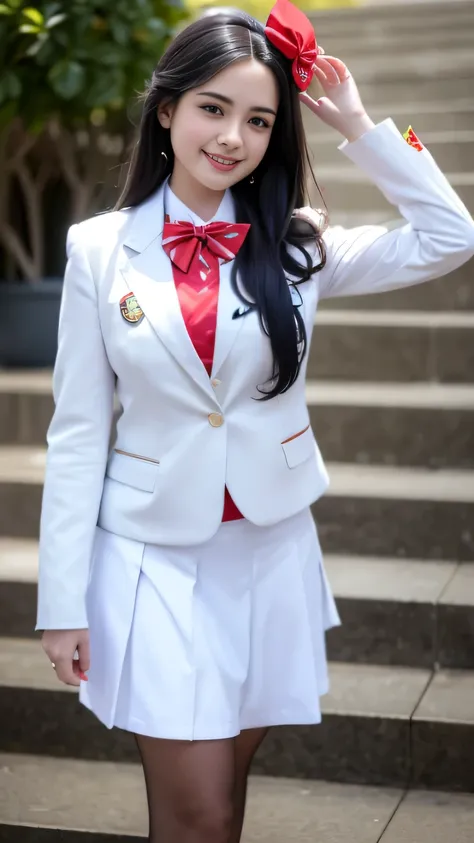 (Girl Standing On School Steps)，charming eyes，heartwarming action，turn away from the camera，raise your head，thick long black hair，highly detailed body，highly detailed face，highest quality、(P私NK Underwear),(high school girl),((white blazer、chest emblem))、(w...