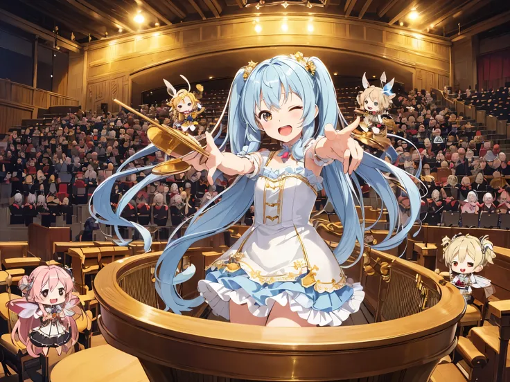 High quality super detailed fantasy chibi illustration, Wife Fairy Chibi Character Orchestra、light blue long hair、twin tails、, Complete orchestration of brass, strings, and timpani, play modern symphony, Theater Concert Best Performance Climax Grand Finale