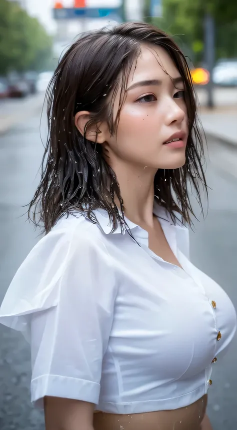 ((highest quality, 8K, masterpiece: 1.3)), sharp: 1.2, perfect body beauty: 1.4, slim abs: 1.2, ((layered hairstyles, big breasts: 1.2)), (Wet White Button Long Shirt: 1.1), (rain, street: 1.2), Wet: 1.5, Highly detailed face and skin texture, fine eyes, d...