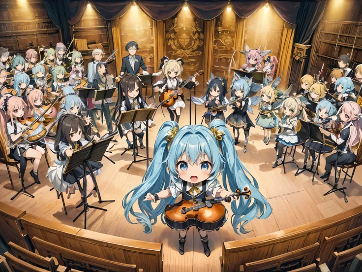 High quality super detailed fantasy chibi illustration, Wife Fairy Chibi Character Orchestra、light blue long hair、twin tails、, Complete orchestration of brass, strings, and timpani, play modern symphony, Theater Concert Best Performance Climax Grand Finale