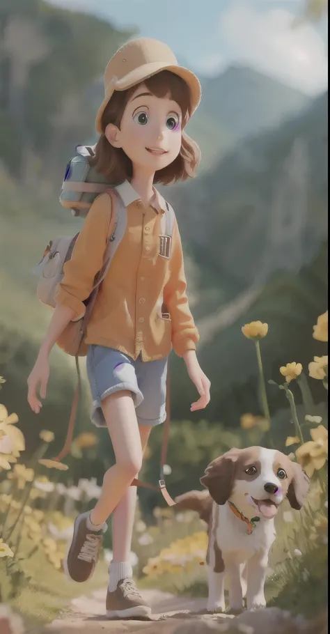 A very charming  with a backpack and her cute border collie puppy enjoying a lovely spring outing surrounded by beautiful yellow flowers and nature. The illustration is a high-definition illustration in 4K resolution with highly detailed facial features an...