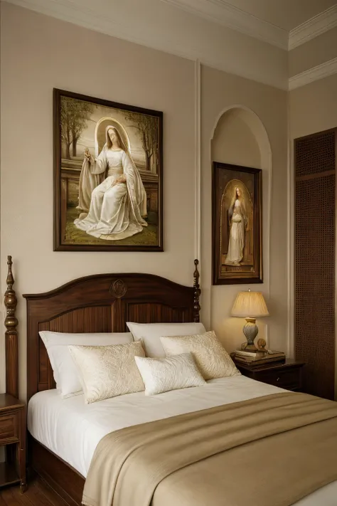 a serene and intimate christian bedroom, bathed in soft, warm lighting. the walls adorned with intricately detailed, hyper-reali...