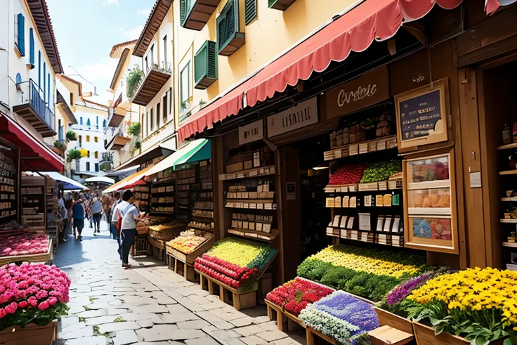 rua popular, feira de flores, bancas de frutas, cafés, lojas pequenas