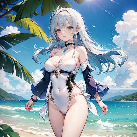 ((Kamisato Ayaka in Genshin Impact)),solo, ((semi long beautiful silver blue hair,beautiful blue eyes)),
low angle,from below, ((masterpiece, highest resolution,best quality)), (illustration),(white beautiful elegant one piece swimsuit),(walking around the...