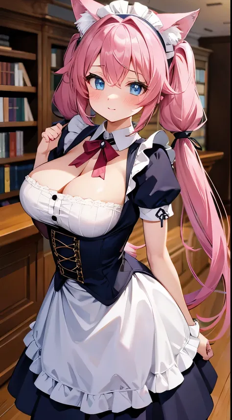 1girl, beautiful, sexy, big breasts, small waist, pink hair, wolf girl, wolf ears,, huge breasts, blue eyes, in library, blushing, maid, maid dress, maid outfit, nervous, scared, long hair, pigtails, tiny waist, big hips