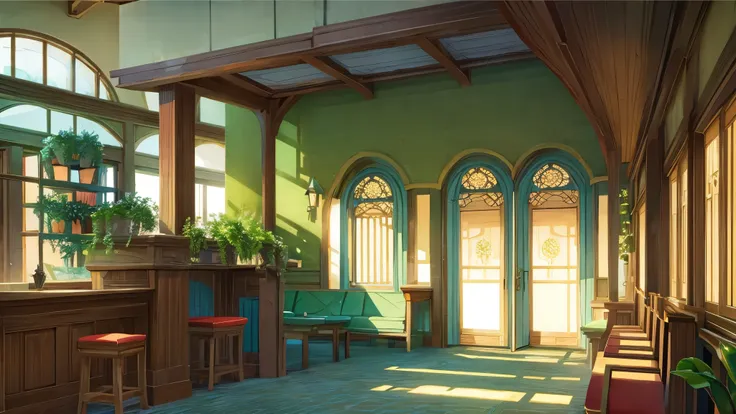 visual novel background, fantasy inn plants, front desk next to a bench with cushions, elven inn, fantasy inn, extremely detailed