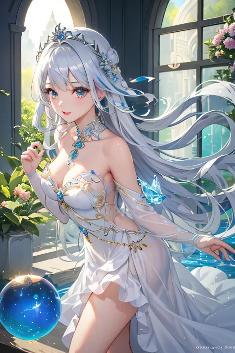 (highest quality)、best quality、Realistic modeling、vivid、front center、(Inside a colorful glass ball、dazzling sun　Strongly luminous)、Beautiful girl behind、(silver hair、jade eyes、white fluffy dress、Wrapping up)art style,Dark Universe