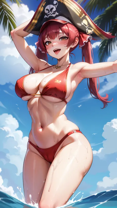 large breasts, looking at viewer ,smile, red hair,bikini,pool,,cleavage,navel,slim,smile ,open mouth ,wet,sweat,solo,open arms,orgasm,tongue out, incoming kiss, saliva drip,saliva,lips,solo,twintail ,pirate hat