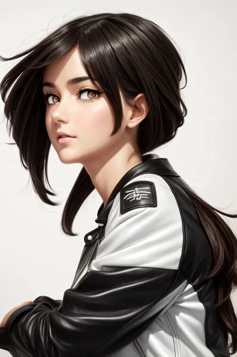 cute girl,  white   background , black brown medium hair, looking at another point,  illustration,  wearing white leather jacket and black t shirt  having big  anime