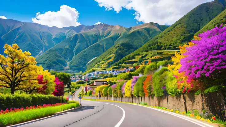 A straight road that continues forever、Red on both sides、purple、yellow、Orange、sunflower、tulip、Like cosmos etc.々Flowers are blooming、The background is Japanese mountains and blue sky