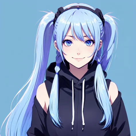 anime art style, 1 girl, alone, light blue_hair,,smile, front hair, purple_eye, ribbon,body, twin tails,black_hoodie