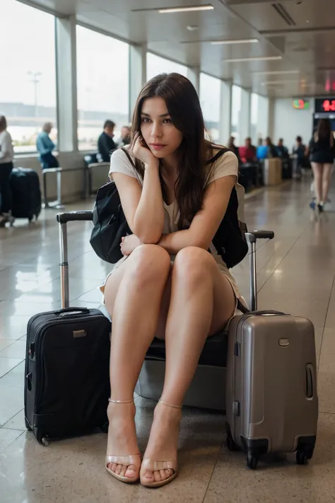 Create a realistic image of a passenger sitting on the airport floor, com roupas de frio, next to your luggage, com um semblante triste, because your flight was canceled.
