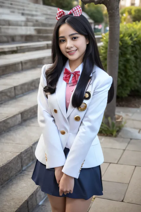 (Girl Standing On School Steps)，charming eyes，heartwarming action，turn away from the camera，raise your head，thick long black hair，highly detailed body，highly detailed face，highest quality、(P私NK Underwear),(high school girl),((white blazer、chest emblem))、(w...