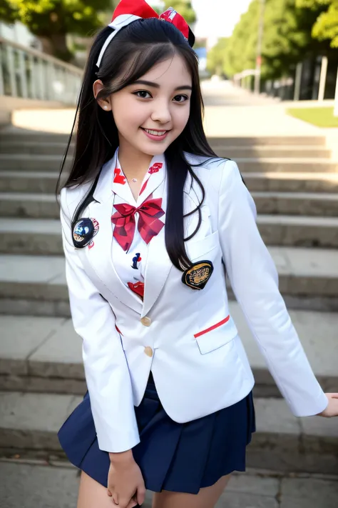 (Girl Standing On School Steps),charming eyes,heartwarming action,turn away from the camera,raise your head,thick long black hair,highly detailed body,highly detailed face,highest quality、(P私NK Underwear),(high school girl),((white blazer、chest emblem))、(w...