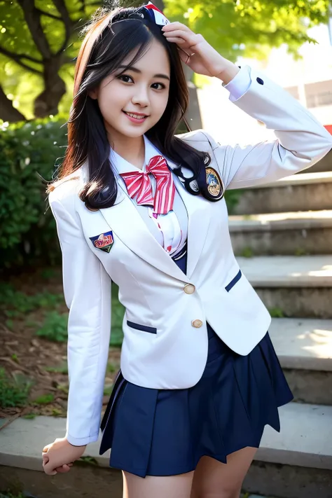 (Girl Standing On School Steps),charming eyes,heartwarming action,turn away from the camera,raise your head,thick long black hair,highly detailed body,highly detailed face,highest quality、(P私NK Underwear),(high school girl),((white blazer、chest emblem))、(w...
