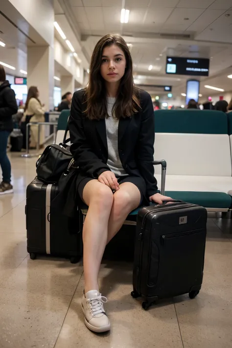 Create a realistic image of a passenger sitting on the airport floor, with warm clothes and closed shoes, next to your luggage, com um semblante triste, because your flight was canceled.
