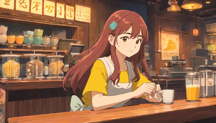 European long-haired girl barista brews coffee at the cafe counter, ，dream, please wear headphones, , analog color theme, lo-fi hip hop , retrospective, flat, 2.5D ,Draw a line, ink painting, Osaka road, watercolor painting, gouache color, studio ghibli st...