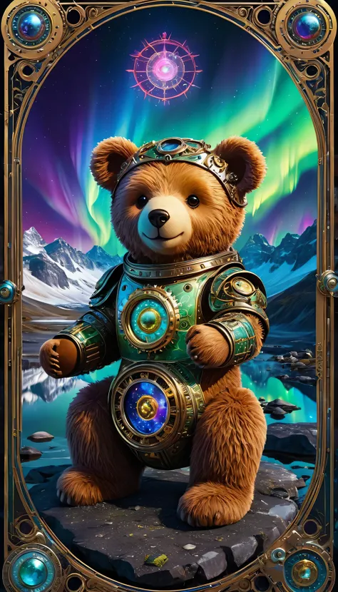 （A futuristic teddy bear tarot card）、clear focus、Vibrant colors、mechanical gear、3D metal surface、Layered composition、Northern Lights、occult symbols、Surreal elements、otherworldly scenery、celestial body、Fantastic state、Unlimited imagination。