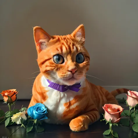 (best quality,ultra-detailed),cat,chubby,colourful,orange cat,light orange cat,floral feature,blue eyes,cute ribbon,ripples,purple clip,surrounded by flowers,rose