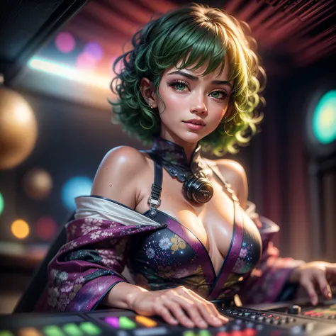 (Latina woman, Latina), (smirking), (green hair with a fringe, short hair, curly hair) , (Beautiful green eyes) , (small boobs) , Official art, Unified 8k wallpaper, Super detailed, beautiful, masterpiece, best quality, original, masterpiece, super fine ph...