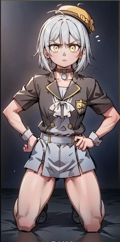 ((black background)) Ciel Lionheart kneel on WHITE sheet, short bob hair WHITE hair, YELLOW EYES, kindergarten_uniform,yellow hat,red school bag, leather choker collar slave , (hands on hips, clenching fist 👊 ✊️)