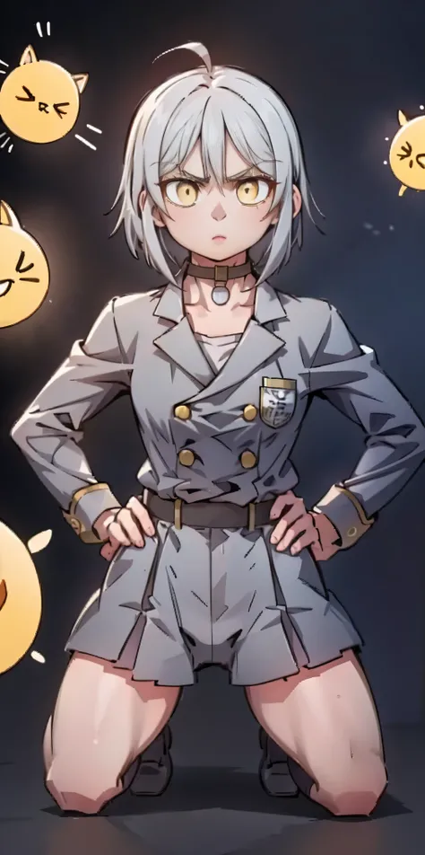 ((black background)) Ciel Lionheart kneel on WHITE sheet, short bob hair WHITE hair, YELLOW EYES, kindergarten_uniform,yellow hat,red school bag, leather choker collar slave , (hands on hips, clenching fist 👊 ✊️)