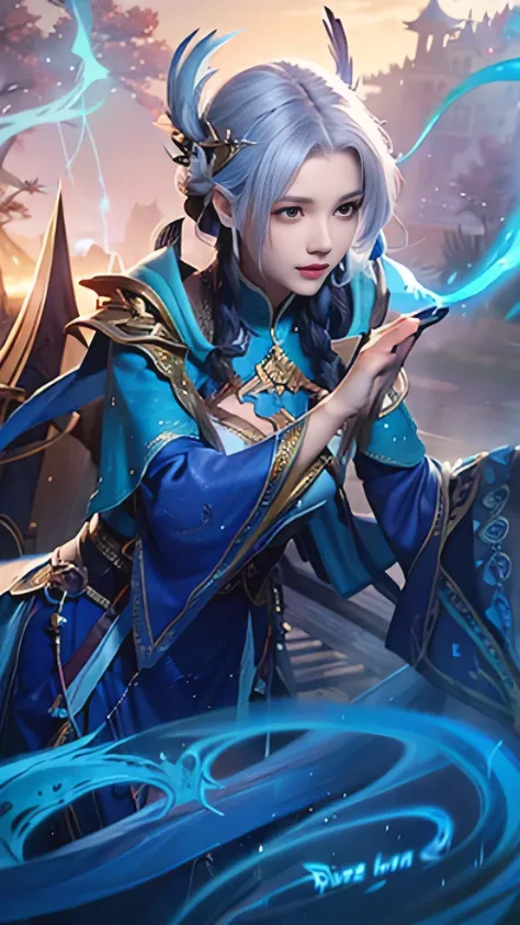 a close up of a woman with a sword in a blue dress, mobile legends, heise jinyao, astri lohne, ashe, ig model | artgerm, zenra taliyah, inspired by Huang Shen, wild rift, official splash art, splash art, maya ali as a lightning mage, inspired by Yi Inmun, ...