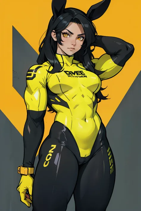 swole girl black hair yellow eyes pale bunny costume