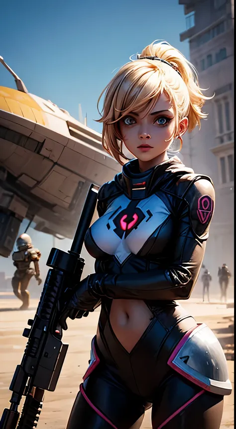 there is a woman holding a gun in front of a spaceship, ruined empire in the background, arte oficial do personagem, eternal doom zombie, Orianna, pintura de c - 3 p 0, inspirado em Sargent Johnson, planet sky in the background, imagem promocional juno, ca...