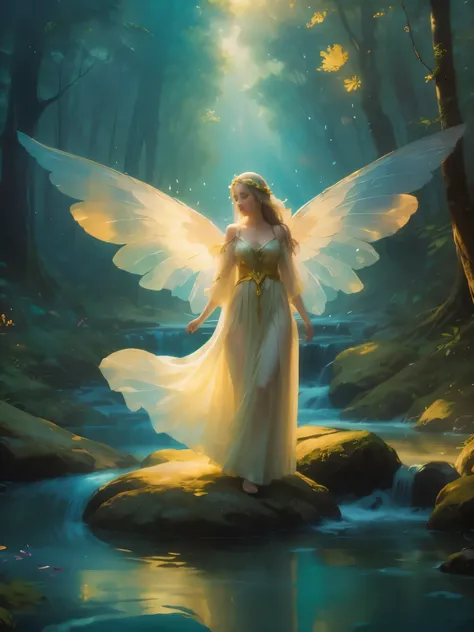 "((Enchanting)) forest scene, ethereal girl with ((translucent wings)), bubbling creek, magical, surreal, golden hour, ((dreamlike)) atmosphere, vibrant colors, fantasy painting", priestess, nodf_lora, More Detail