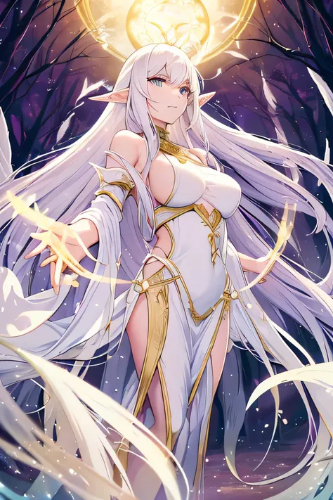 (best quality,highres),pale elf,black eyes,long ears,ultra long hair,surrealistic white short-dress with feathers at the shoulder,long fangs,dragon tail,spreading pussy,bend over,flawless skin,ethereal beauty,enchanted forest background,vibrant colors,soft...