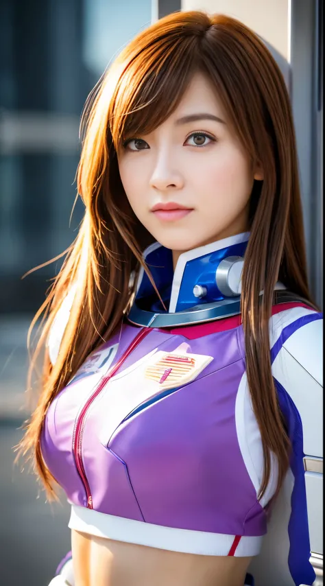 RAW, Masterpiece, Ultra Fine Photo,, Best Quality, Ultra High Resolution, Photorealistic, Sunlight, Full Body Portrait, Stunningly Beautiful,, Dynamic Poses, Delicate Face, Vibrant Eyes, (Side View) a close up of a woman in a pink and white gundam custume,...