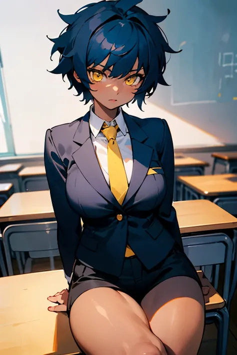 1 beautiful woman, dark skin, short dark blue hair, messy, yellow eyes, black school clothes, black blazer, black skirt, black shorts under the skirt, yellow tie, very large bust, wearing black short socks, inside the classroom, appearance tomboy, muscular...