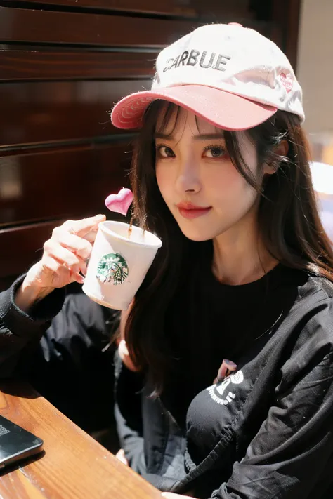 A young person holding a Starbucks coffee cup, wearing a baseball cap backwards, with pink hearts, emoji icons, and heart decorations overlaid on the image for an aesthetically pleasing social media or artistic style.