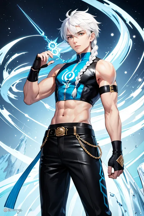 Male with white hair, azure eyes, handsome, ice powers on his hand, wearing casual clothes, braid, single braid, ice element, ice, one braid, crop top, pants, singular braid, arm gloves