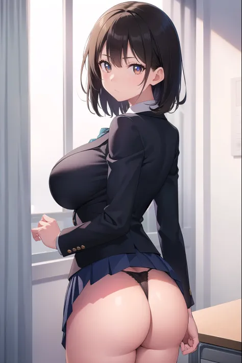 black hair, (brown eyes:1.5),  (shot hair:1.6), (turning around:1.6), 
BREAK blazer, blue skirt, jacket, otonokizaka , pleated skirt, , winter uniform, (short skirt:1.6), (micro skirt:1.6), (big breasts:1.6), (slender:1.4), (thong:1.6), 
BREAK looking at v...