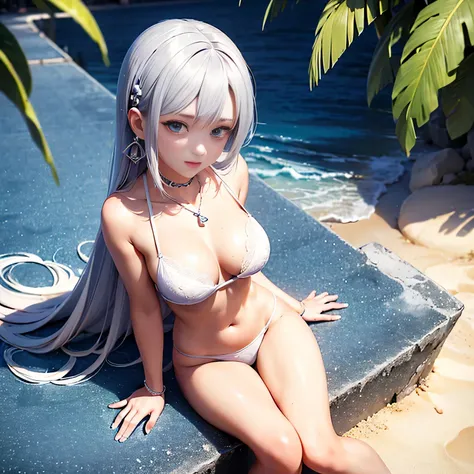 vulgar,((Kamisato Ayaka in Genshin Impact)),solo, ((semi long beautiful silver blue hair,beautiful blue eyes)),
high angle,from above,cleavage, ((masterpiece, highest resolution,best quality)), (illustration),(white beautiful elegant bikini,string tied bra...