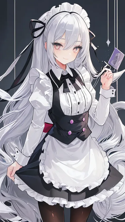 1 girl, silver inner long hair, hair between eyes, ((Looking at the viewer:1.4)), gently smile, maid, pantyhose, string ribbon