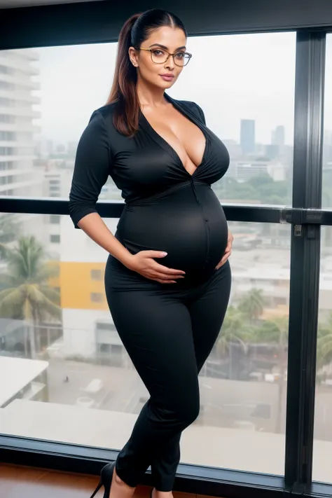 45yo mature milf Aishwarya rai as corporate lady, ((huge pregnant)), black trousers, tight unbuttoned shirt, ((high heelature curvaceous milf figure, high ponytail, wearing thick frame glasses, posing in balcony, day scene, mature hourglass figure, look st...