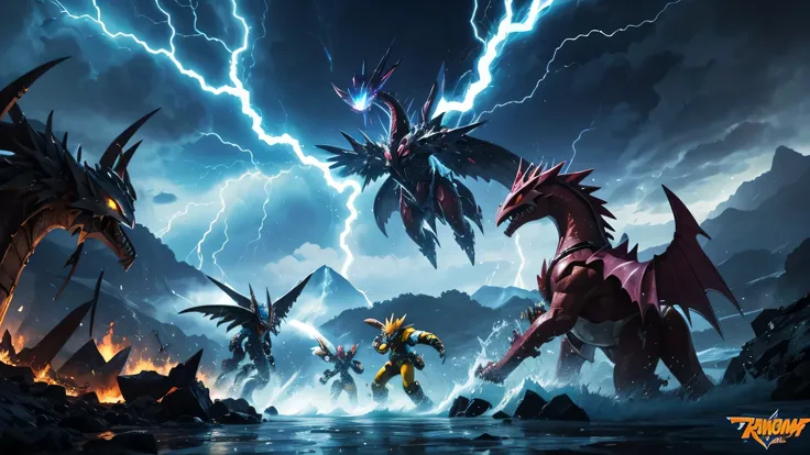 The image is a battle scene in an arena, where several Digimon are fighting fiercely. Cada Digimon representa um elemento diferente: fogo, terra, ar, water, Ice and thunder.

Digimon de Fogo: This Digimon is engulfed in blazing flames, emitindo calor inten...