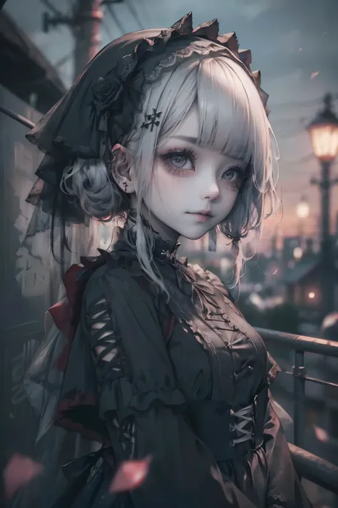 (smile:1.4),(looking at the viewer:1.4)、Red Gothic Lolita、bonnet、,(face focus),break,、beautiful woman、miserable、fine eyes、black eye、Industrial Landscape、blonde、twin tail hair、black dark eyeshadow、Good skin gloss、particle、rose petals、