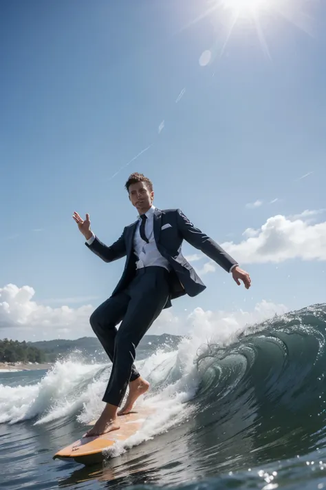 formal suits male, surfing in the clouds
