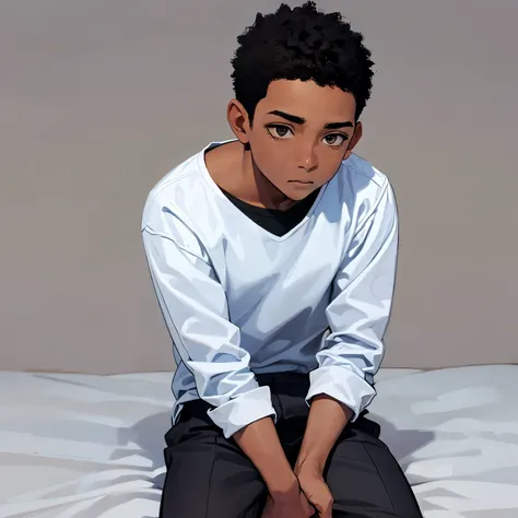 Create a simple drawing of a black boy sitting with his head down