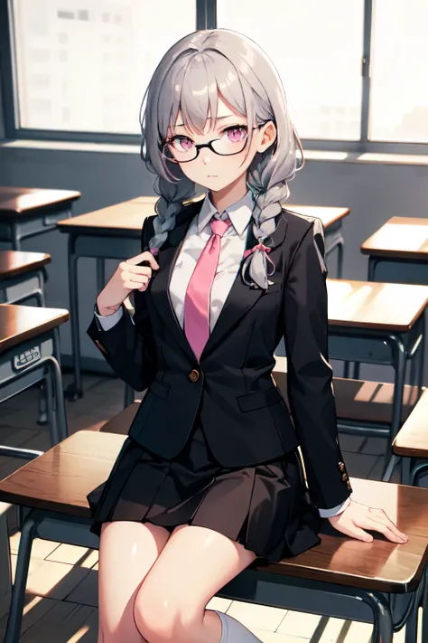 1 beautiful woman, gray hair with braids, pink eyes, glasses, high school clothes, black blazer, black skirt, small bust, pink tie, long white socks, inside the classroom, emotionless face, high quality.