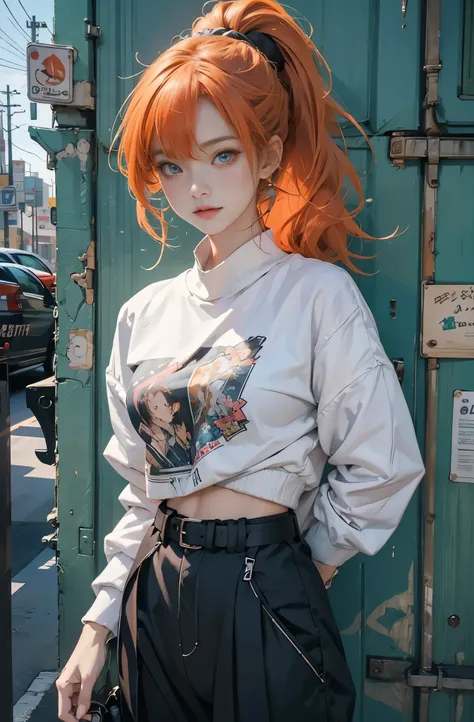 very colorful, pop feel, summer image, Beautiful woman with orange hair ponytail, very beautiful detailed eyes, beautiful and delicate eyes, Around 25 years old, sea view, wearing a jacket, stylish belt, perfect tall model body,Mysterious, cool beauty, wes...