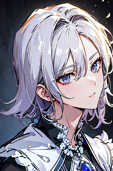 1 male, best quality，masterpiece，high resolution，adult male, (messy pearl silver hair), dusty lilac eyes，elegant features, colle...