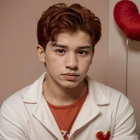 Young guy, pelo rojo, orejas de oso de color rojo, ropa roja y un collar de corazon