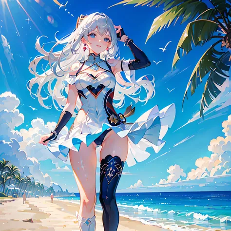 vulgar,((Kamisato Ayaka in Genshin Impact)),solo, ((semi long beautiful silver blue hair,beautiful blue eyes)),
 low angle,from below, ((masterpiece, highest resolution,best quality)), (illustration),(white beautiful elegant one piece swimsuit),(walking ar...