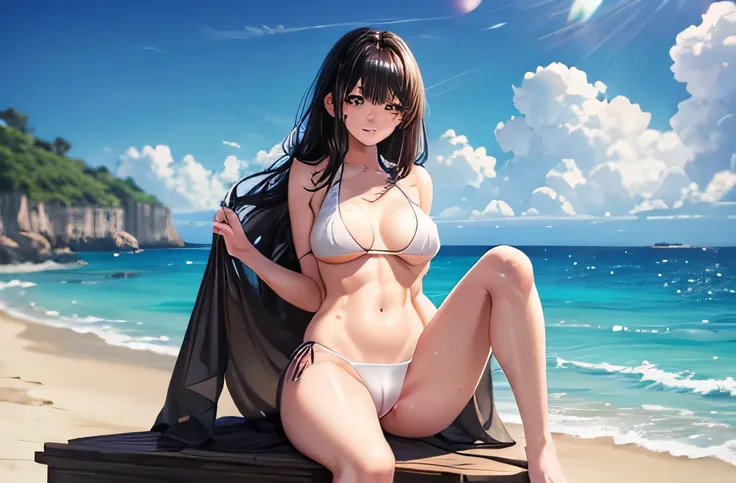 beautiful face,anime,((cool beauty)),1 female,black hair,brown eyes,medium hair,summer sea,medium chest,wet white bikini,sweating,20th generation,no pubic hair,Height: 168cm,sharp outline,slim body,shy smile,whole body,nipples are transparent,cameltoe,erec...